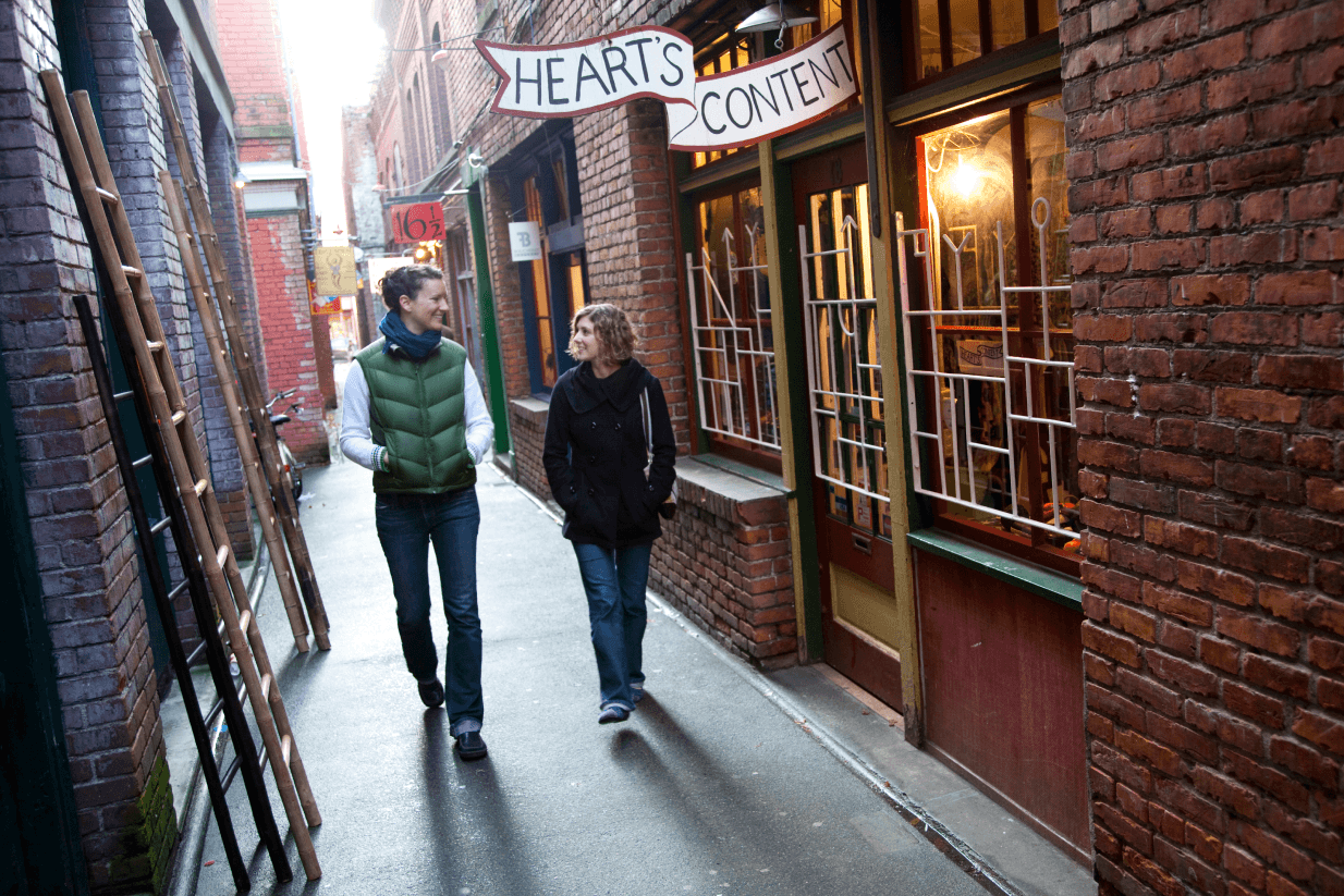 A couple walking through Fan Tan Alley in Victoria, BC